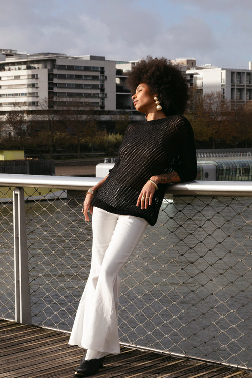 Pantalon Le Pantalon en lin et soie coupe évasée Ila-Lyone - vue trois quarts
